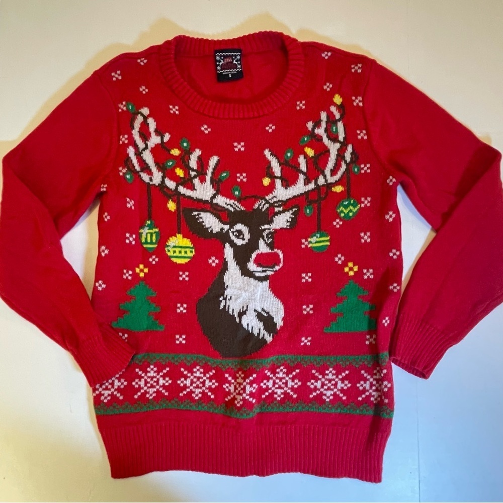 Holiday Sweater Rudolph. Red. Size Small. Pre-owned. Ugly Christmas. Deer.